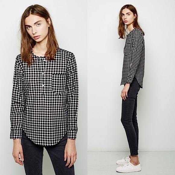 ISABEL MARANT Gingham Check Plaid Long Sleeve Crew Neck Pocket Henley Shirt XS - Picture 1 of 11